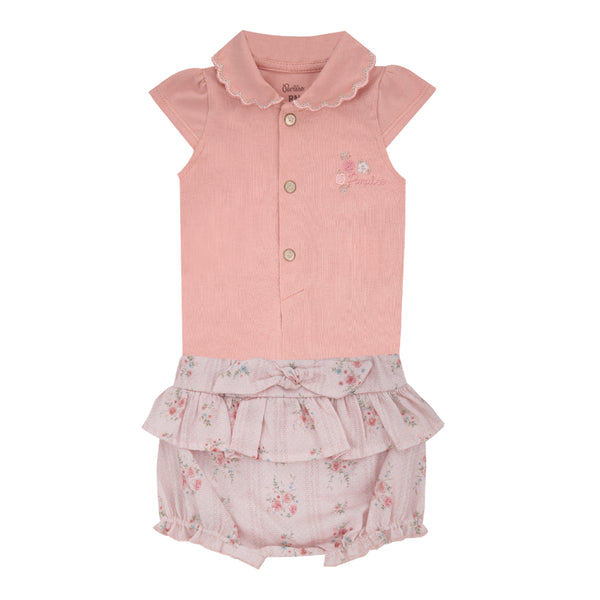 Conjunto Baby Curto Body Meia Manga Bordado com Shorts Estampado, Laço Nozinho e Babadinho Delicado Paraiso 18654