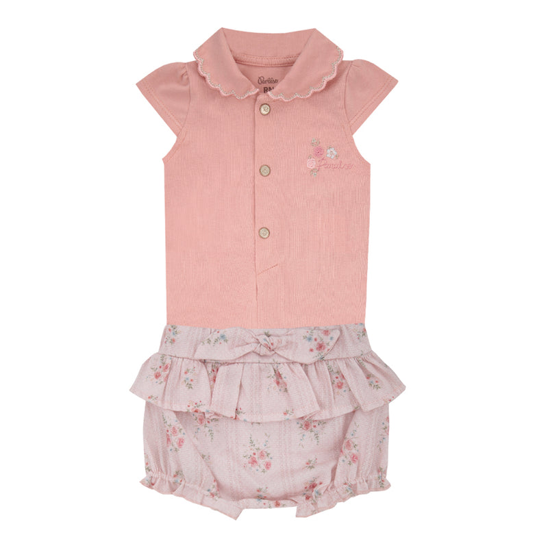 Conjunto Baby Curto Body Meia Manga Bordado com Shorts Estampado, Laço Nozinho e Babadinho Delicado Paraiso - Image 2