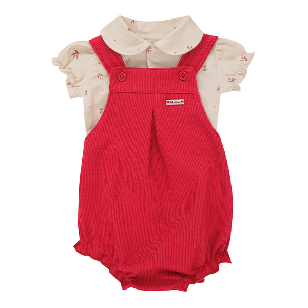 Conjunto Baby Curto Jardineira Quadriculada com Alça Regulável e Body Estampado com Manguinhas Franzidas Paraiso 18655