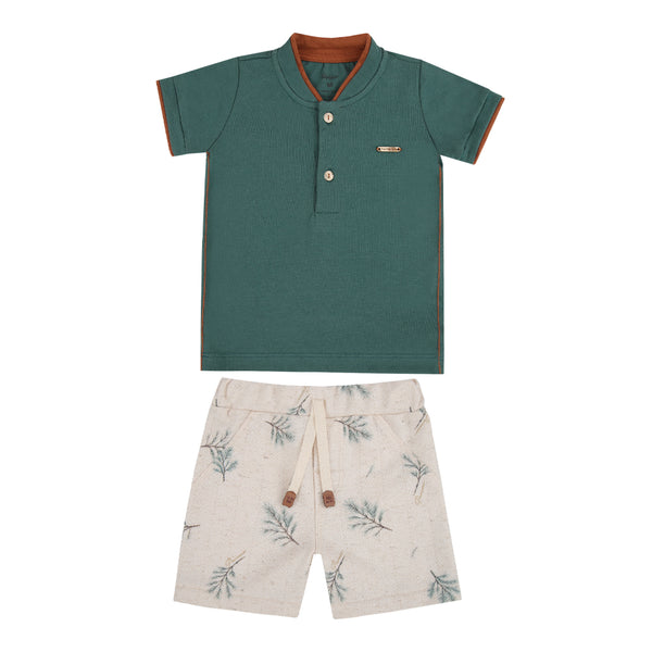 Conjunto Camiseta Polo Malha Conforto com Plaquinha e Shorts Moletom Estampado Efeito Linho com Cordão Paraiso 18981