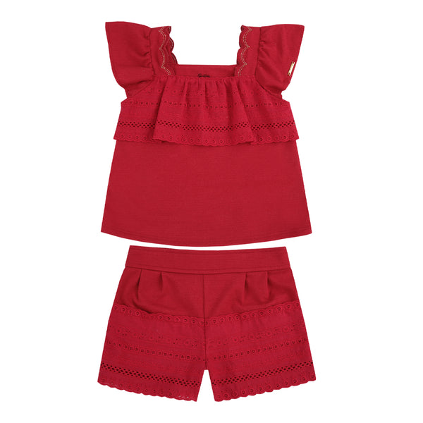 Conjunto Blusa Malha Trabalhada com Babados em Lese e Bordado e Shorts Charmoso com Cós Elástico Paraiso 18783