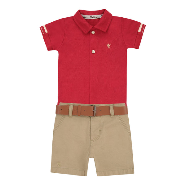 Conjunto Body Meia Manga Linha Natal Bordado com Shorts Sarja Color Estruturada e Cinto Caramelo Paraiso 18708