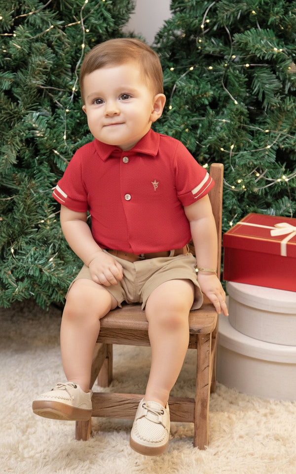 Conjunto Body Meia Manga Linha Natal Bordado com Shorts Sarja Color Estruturada e Cinto Caramelo Paraiso 18708