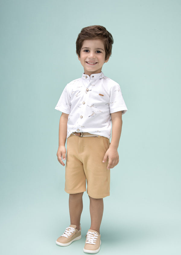 Conjunto Camisa Piquet Estampado com Shorts Malha Trabalhada e Cinto Paraiso