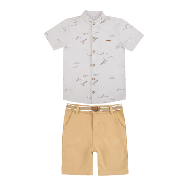 Conjunto Camisa Piquet Estampado com Shorts Malha Trabalhada e Cinto Paraiso 18987