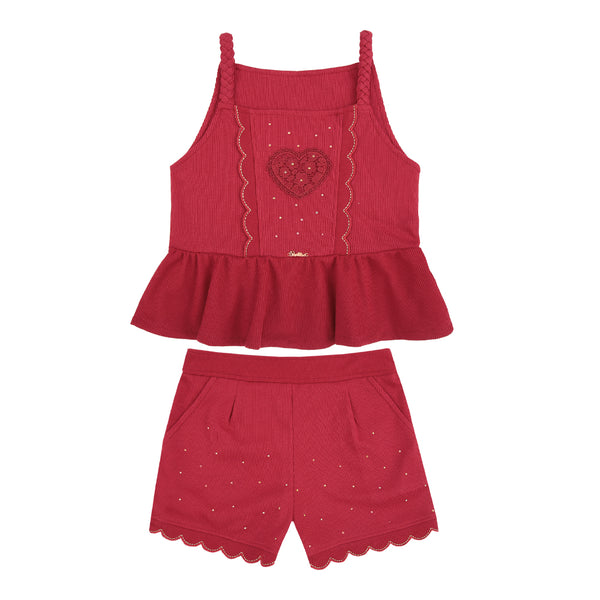 Conjunto Blusa Peplum com Alças Trançadas Bordado e Strass e Shorts Evasê com Bolsos Funcionais Paraiso