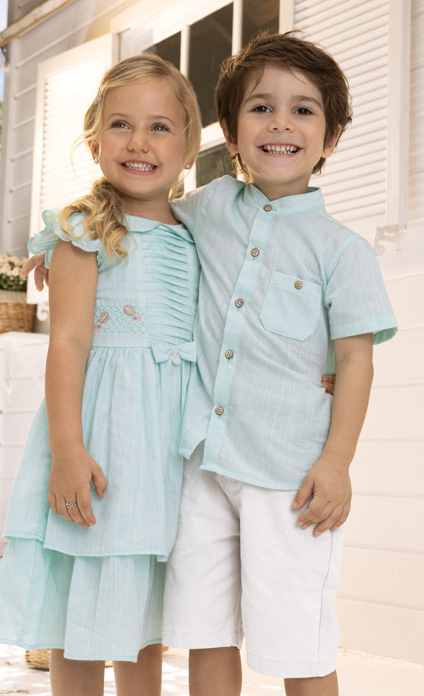 Conjunto Bata 100% Algodão com Detalhe Bolso e Shorts Sarja Estruturada com Cós Regulável Paraiso