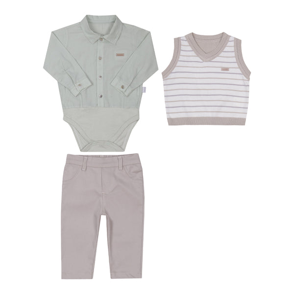 Conjunto Casual Body Camisa, Colete de Tricô e Calça Sarja em Azul Paraiso 16207