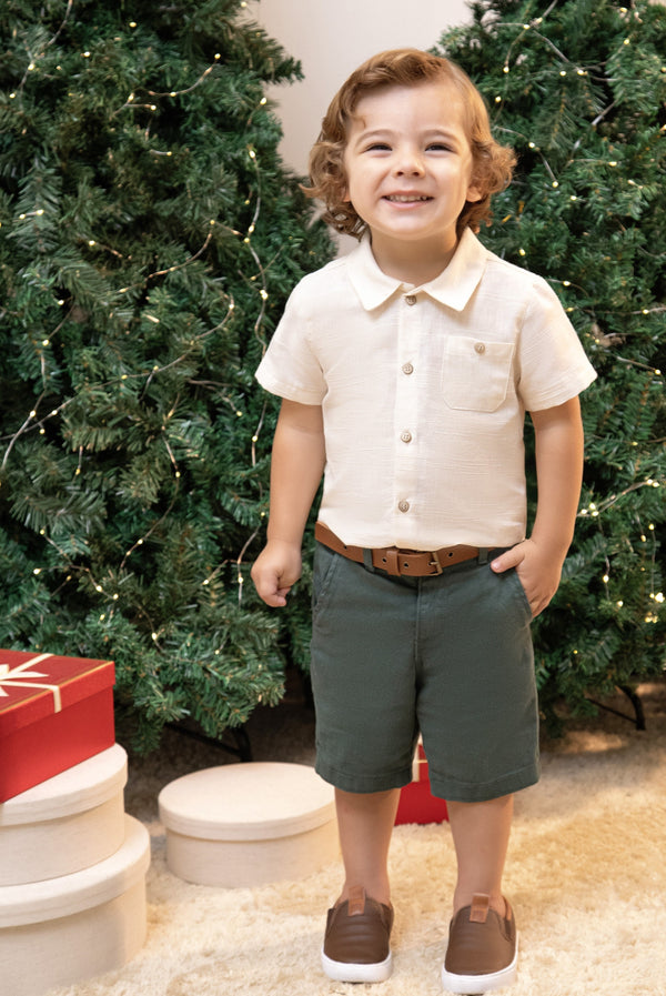 Conjunto Camisa Linho Monet Trabalhado com Detalhe Bolso e Shorts Sarja Color com Cinto Caramelo Paraiso - 18777