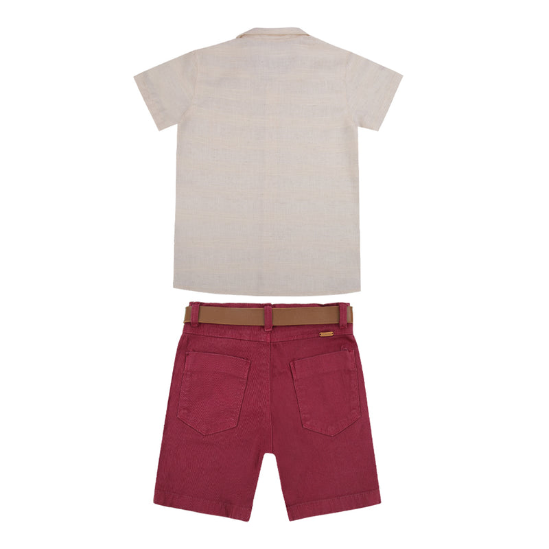 Conjunto Camisa Linho Monet Trabalhado com Detalhe Bolso e Shorts Sarja Color com Cinto Caramelo Paraiso - 18777 - Image 5
