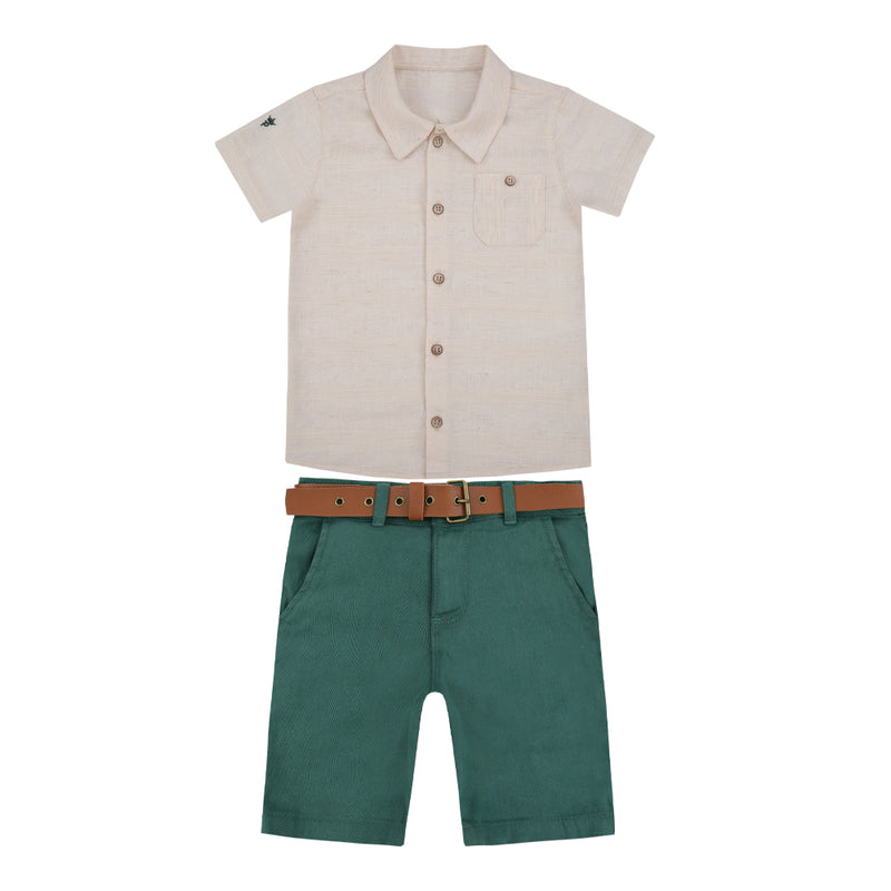 Conjunto Camisa Linho Monet Trabalhado com Detalhe Bolso e Shorts Sarja Color com Cinto Caramelo Paraiso - 18777 - Image 2
