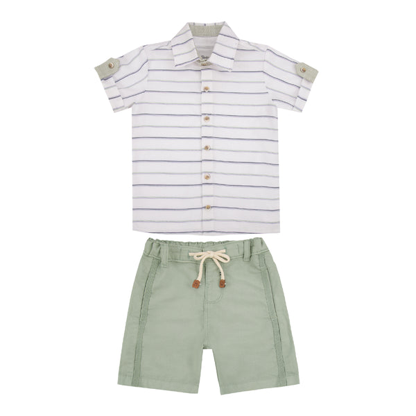 Conjunto 3 Peças Camisa Tricoline Listrada com Camiseta Malha Conforto e Shorts Sarja Color Leve Paraiso 18983