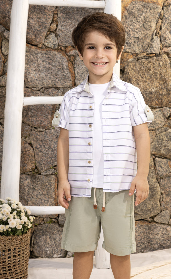 Conjunto 3 Peças Camisa Tricoline Listrada com Camiseta Malha Conforto e Shorts Sarja Color Leve Paraiso 18983