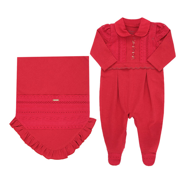 Saída Maternidade Macacão Bordado com Manguinhas Sobrepostas, Broderie e Manta com Babado Paraiso 18605