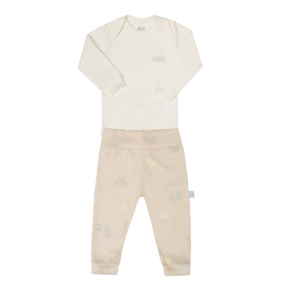 Conjunto Baby Longo Unissex em Ribana Canelada Body com Costas Transpassadas e Calça Estampada Letut