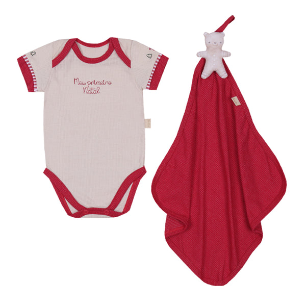 Kit Presente Bebê "Meu Primeiro Natal" com Body, Naninha de Bichinho e Saquinho de Tule Paraiso