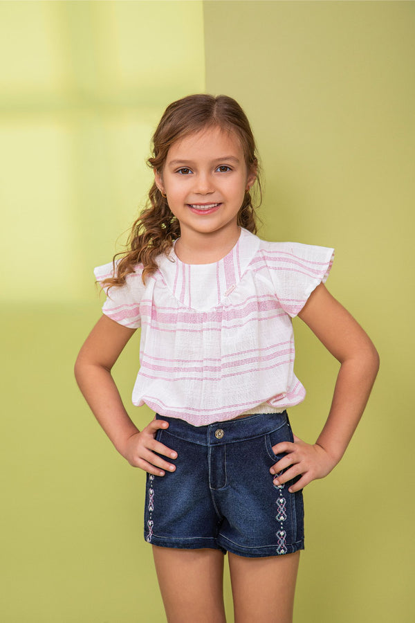 Conjunto Feminino Infantil Blusa Raglan Cambraia com Shorts Jeans em Malha Bordado Paraiso