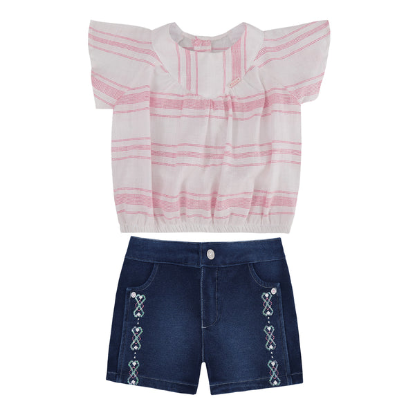 Conjunto Feminino Infantil Blusa Raglan Cambraia com Shorts Jeans em Malha Bordado Paraiso