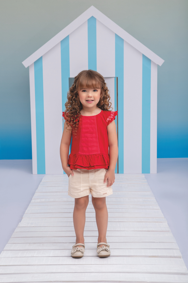 Conjunto Infantil Bata com Bordado nas Mangas e Shorts em Sarja com Elástico nas Costas Paraiso