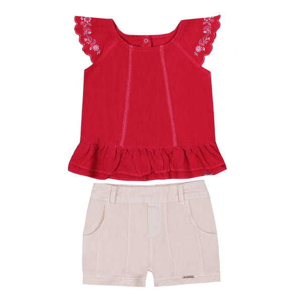 Conjunto Infantil Bata com Bordado nas Mangas e Shorts em Sarja com Elástico nas Costas Paraiso