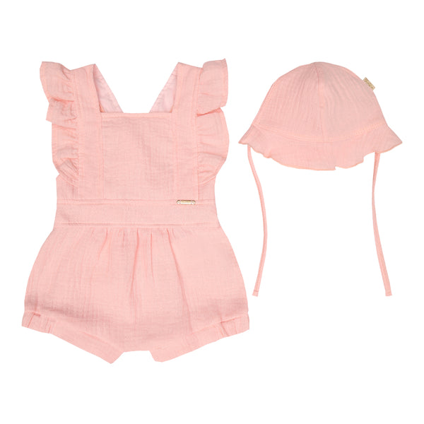 Kit Macacão Curto com em Algodão com Chapéu Paraiso Baby Feminino