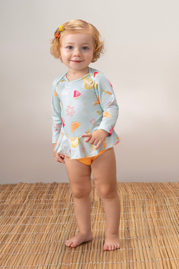 Maiô Manga Longa Paraiso com Proteção UV e Babado efeito Crochê Infantil