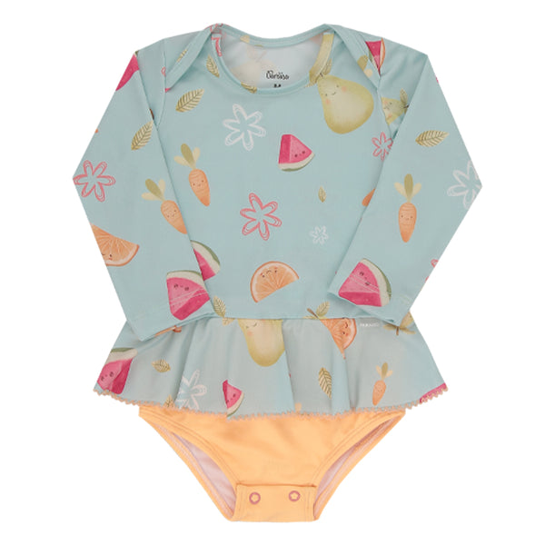 Maiô Manga Longa Paraiso com Proteção UV e Babado efeito Crochê Infantil