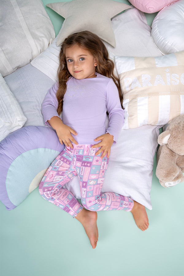 Conjunto Infantil Feminino Paraiso Home Manga Longa com Strass e Estampa