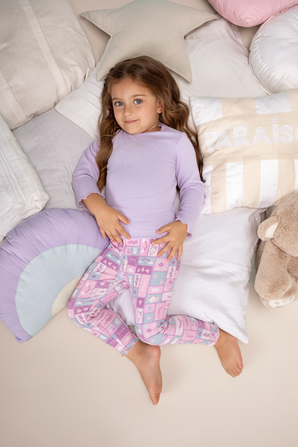 Conjunto Infantil Feminino Paraiso Home Manga Longa com Strass e Estampa