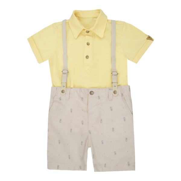 Conjunto Polo Paraiso Kids com Suspensório Removível e Shorts Linho