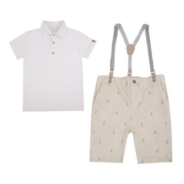 Conjunto Polo Paraiso Kids com Suspensório Removível e Shorts Linho