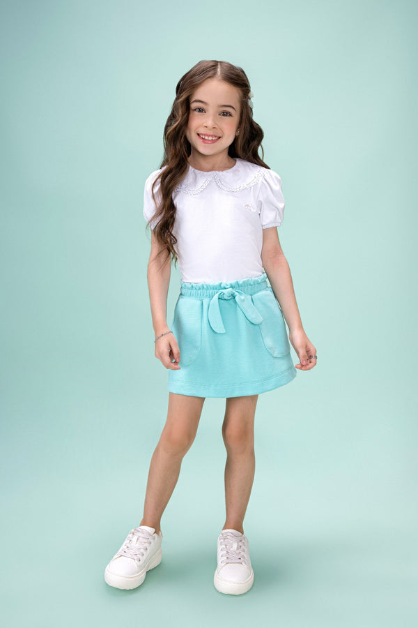 Conjunto Infantil Paraiso Fashion com Gola Charmosa e Saia com Laço