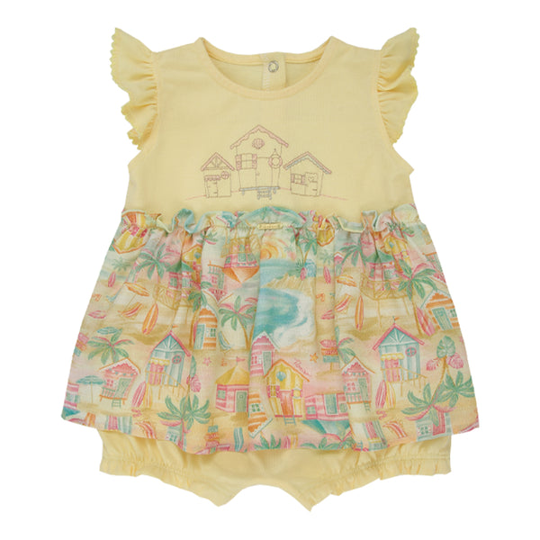 Macacão Curto Paraiso Baby com Babado e Detalhe Crochê Feminino