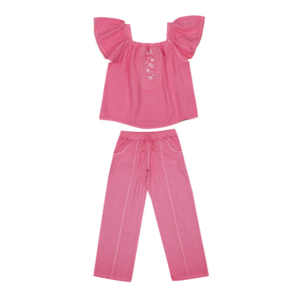 Conjunto Infantil Feminino Paraiso Blusa Curta e Calça Sarja Bordado