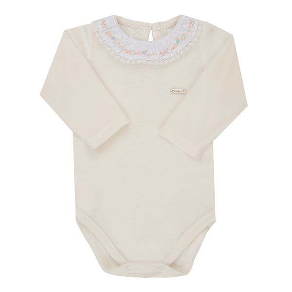 Body Longo Paraiso Bebê Feminino Plush Bordado Floral e Renda Inverno