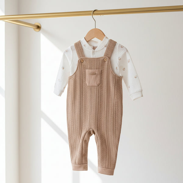 Macacão Longo Paraiso Jardineira com Blusa Embutida e Botões Madeira