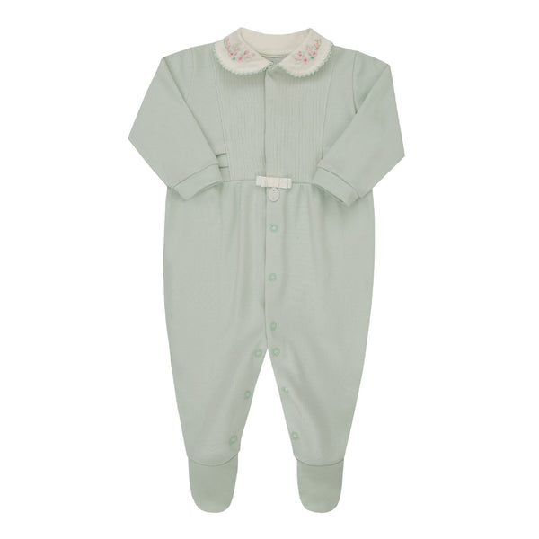 Macacão Longo Paraiso Baby Feminino Suedine Gola Bordada Laço