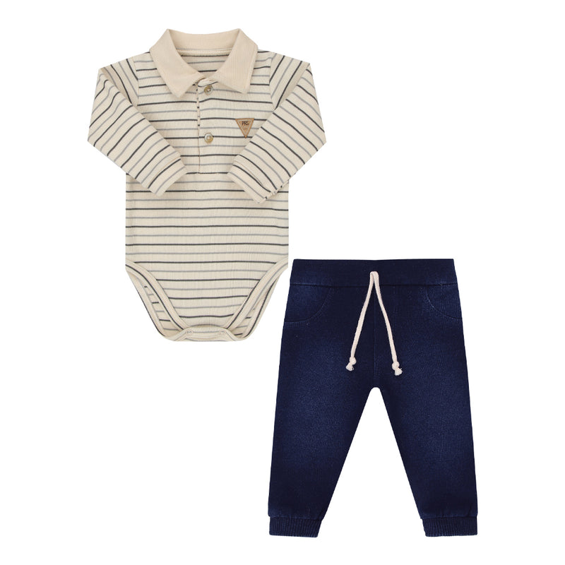 Conjunto Paraiso Polo Listrado com Calça Denim Macia Masculino - Image 2
