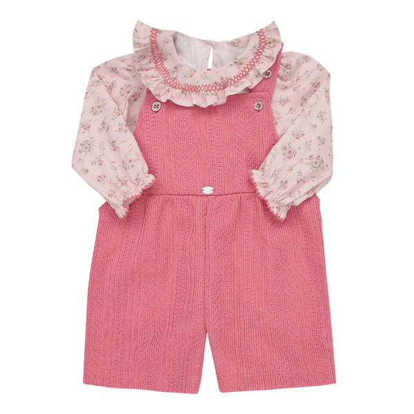 Conjunto Paraiso Jardineira e Body com Babado e Estampa Floral Rosa