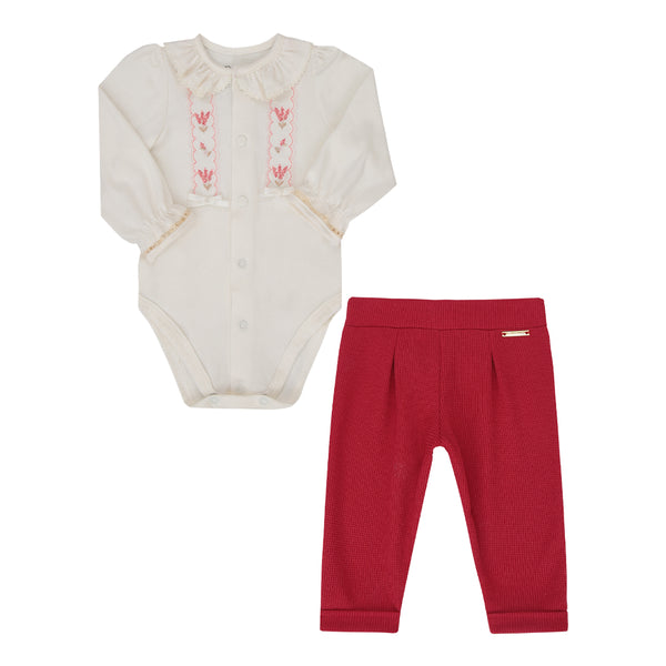 Conjunto Baby Paraiso Manga Longa com Babado e Bordado Floral