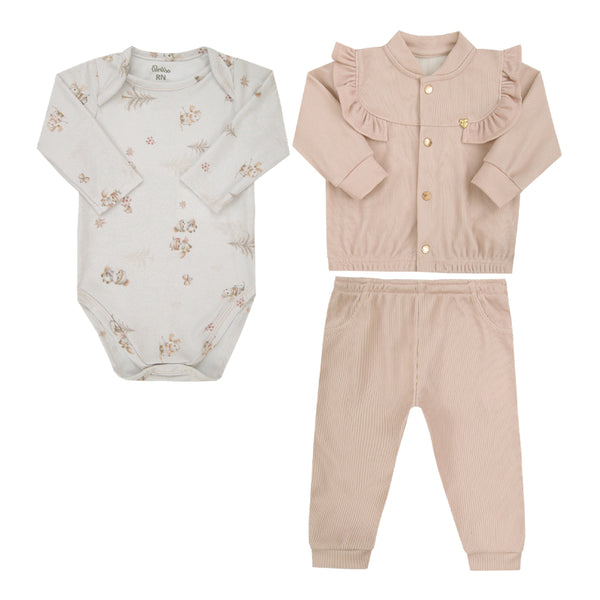 Conjunto Baby Paraiso 3 Peças Inverno Feminino Manga Longa Rosa Chá
