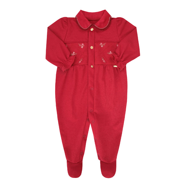 Macacão Longo Paraiso Baby Feminino Meia Estação com Babados e Bordado