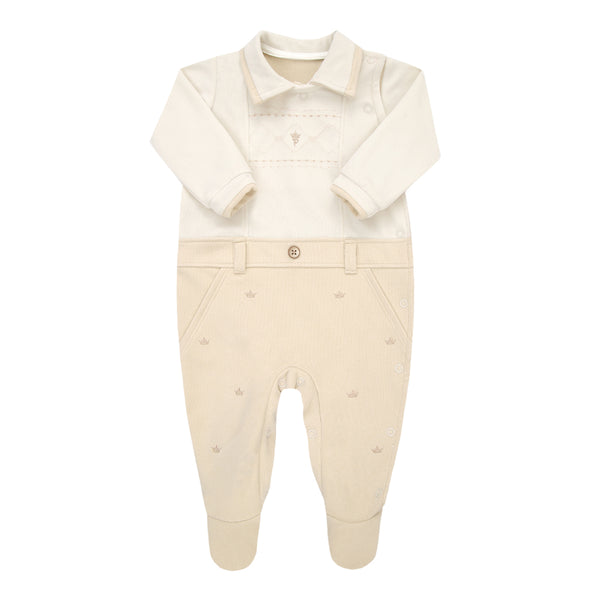Macacão Longo Paraiso Plush Canelado com Bordado Bebê Masculino Bege