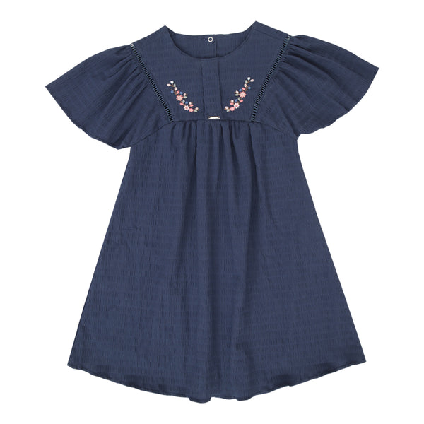 Vestido Paraiso Infantil Feminino Bordado Flores Azul Marinho Inverno 2026