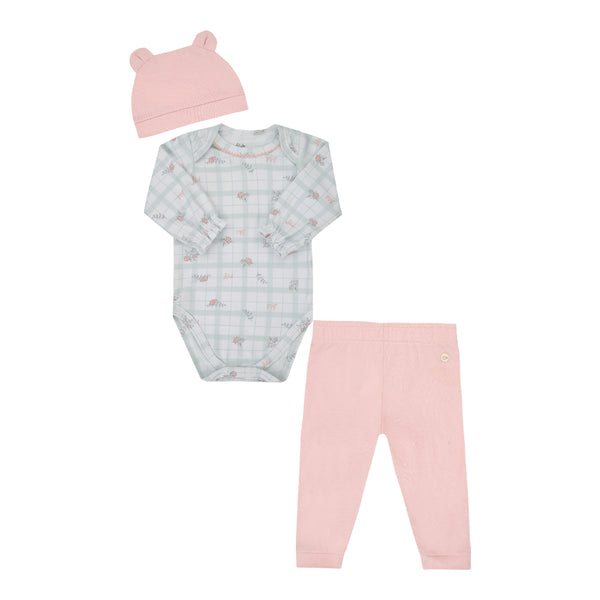 Conjunto Baby Letut 3 Peças Floral com Touca Orelhinhas e Detalhes Delicados