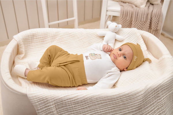 Conjunto Baby Letut Manga Longa com Touca e Bordado Dino e Urso