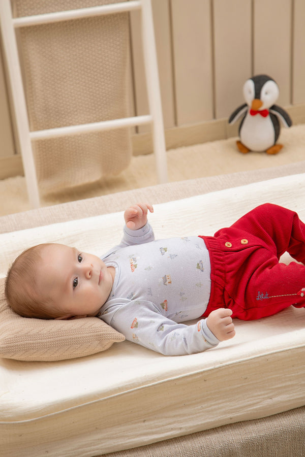 Conjunto Baby Letut Body Transpasse e Calça Texturizada com Bordado