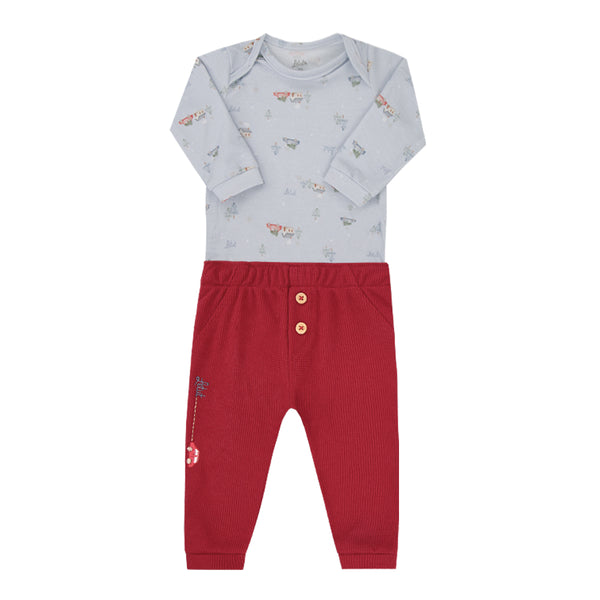 Conjunto Baby Letut Body Transpasse e Calça Texturizada com Bordado