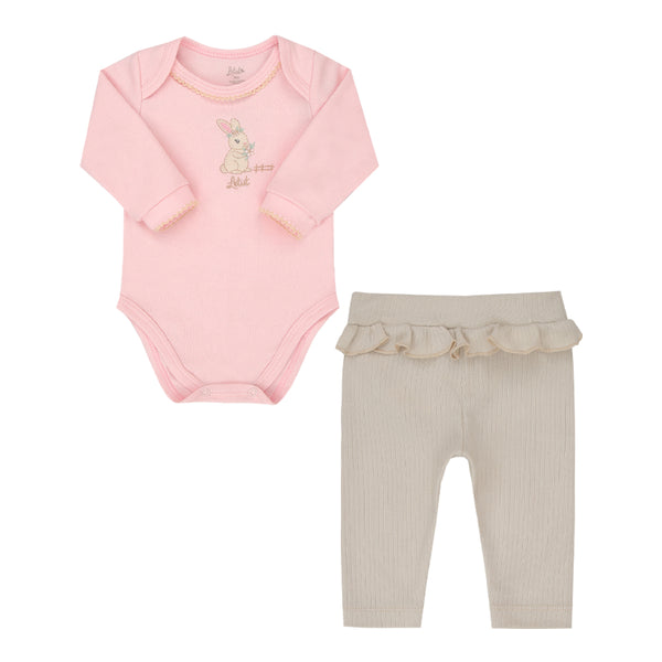 Conjunto Baby Letut Bordado Coelhinho e Babado Suedine Manga Longa