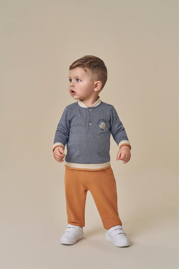 Conjunto Paraiso Polo Listrado com Bordado e Calça Molecotton